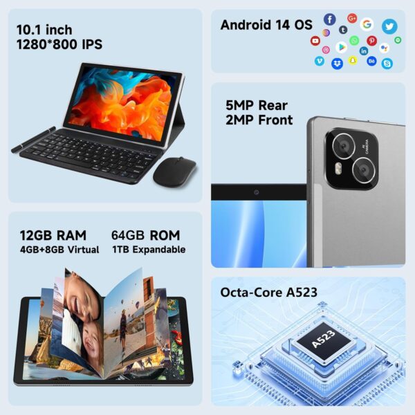 Tablet, Android 14 Tablet with 12GB (4+8) RAM 128GB ROM, Octa-Core Processor Tablets with Keyboard, Mouse, 10.1 Inch 1280 * 800 IPS Touch Screen, Dual Camera, WiFi 6, BT 5.4, 6000mAh Battery