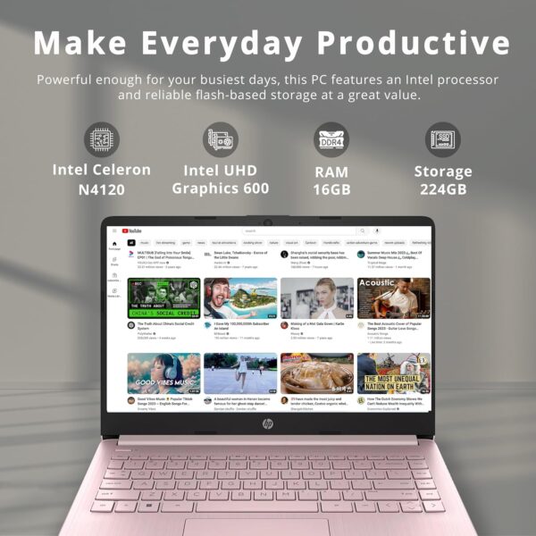 HP Stream 14" HD Lightweight Laptop, Intel Celeron N4120, 16GB RAM, 224GB Storage(64GB eMMC + 160GB Docking Station), Intel UHD Graphics, HD Webcam, 1 Year Office 365, WiFi, Bluetooth, Win 11s, Pink - Image 3